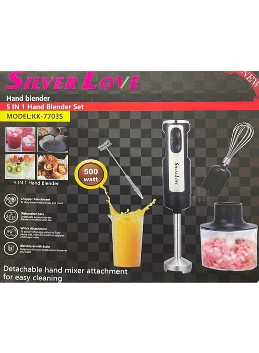 Silver Love Hand Blender 500 Watt Multi Function Electric Blender Set with Stainless Steel Blade Chopper Whisk and Easy Grip Handle for Modern Kitchen Tasks