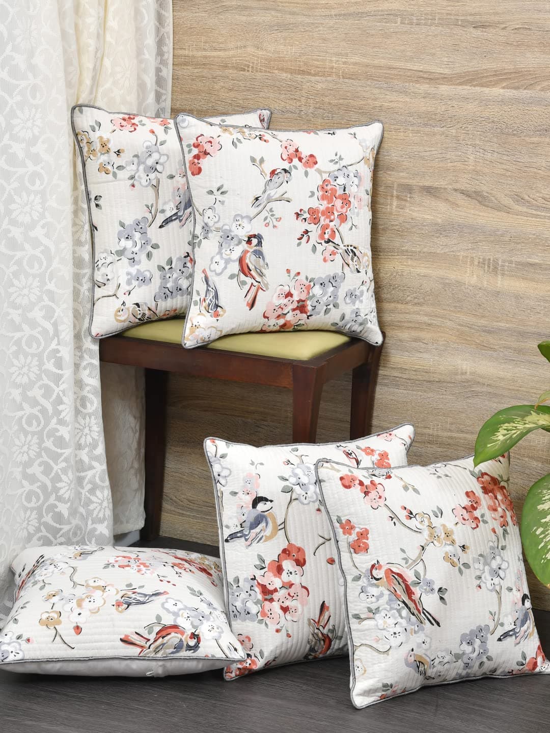 Clasiko Cushion Covers Set of 5; 16x16 Inches; Grey Flowers & Birds
