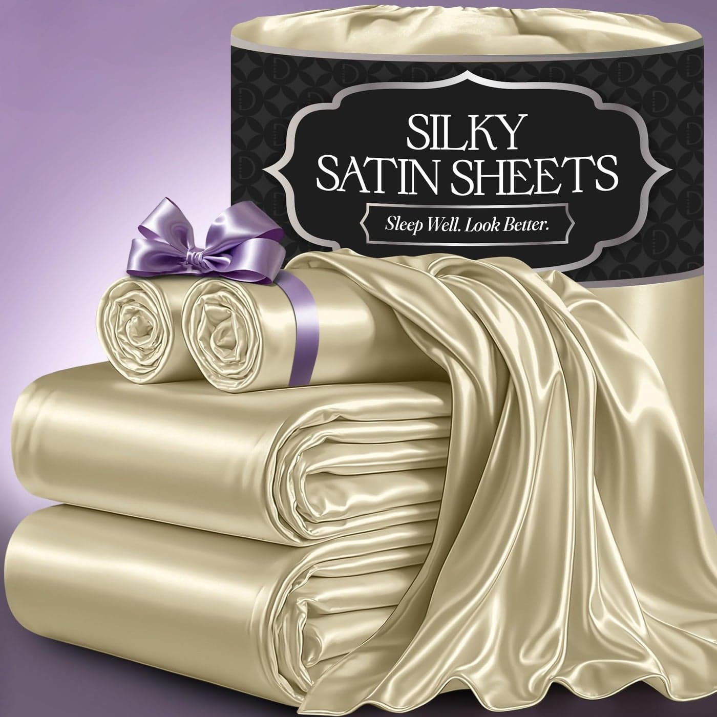 DECOLURE Satin Bed Sheets 4 Piece Luxury Silky King Size Bedding Set Softer Than Silk WrinkleFree with 15 Deep Pocket Fitted Sheet Perfect for Hair Skin Gifts for Women Champagne