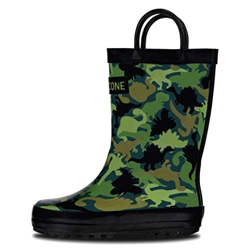 Lone Cone Rain Boots with Easy-On Handles in Fun Patterns for Boys and Girls, Play-Proof Flexible Rubber, Durable Non-Slip Treads, Kid-Friendly for Hours of Joy - Camo-Saurus, 1 Little Kid