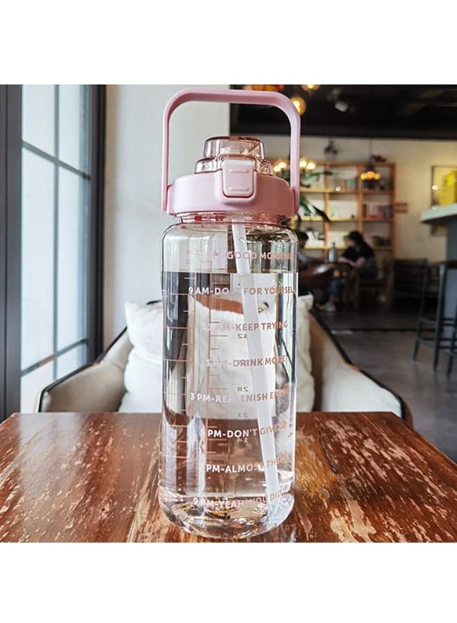 2L Large Capacity Water Bottle, Portable Plastic Water Bottle, Sports Water Bottle, With a Pop-Up Lid and Time Mark Reminder Cream Cup, Used for Outdoor Sports and Fitness-Pink