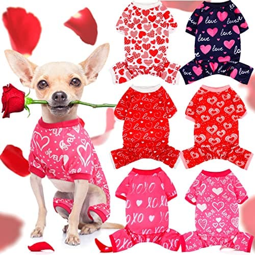 6 Pack Valentines Dog Pajamas Bulk Red Pink Heart Pattern Dog Valentines Holiday Outfit Clothes Jumpsuit Costumes for Boys Girls Puppy Cat Party Cosplay(Small)