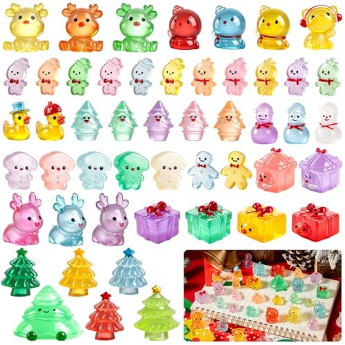 50Pcs Mini Christmas Luminous Figurines Glow in The Dark Christmas Resin Miniatures Xmas Tree Santa Claus Snowman Reindeer Duck Design for Party Favors Bag Fillers Garden Dollhouse Decor