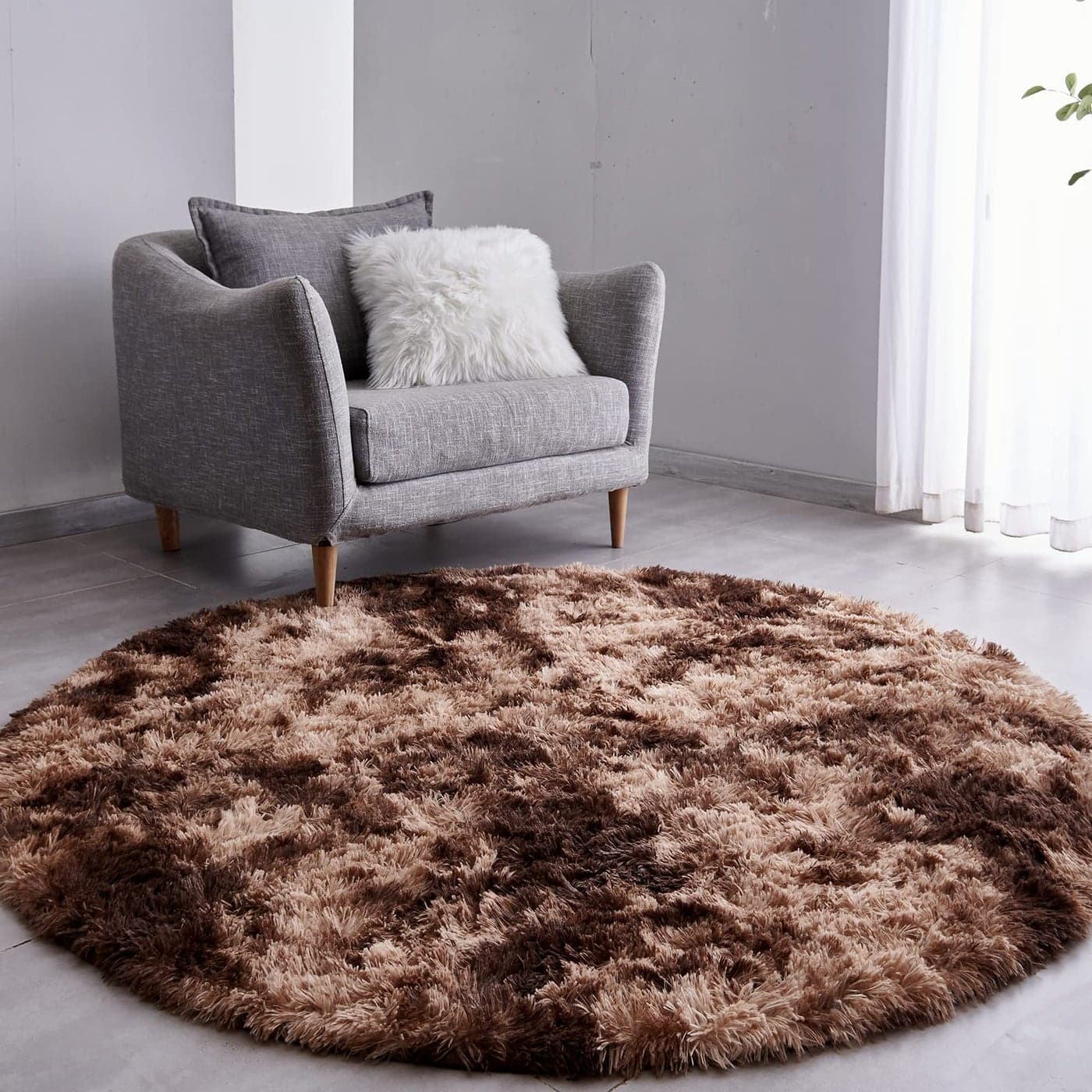 FJZFING TieDyed Coffee Round Rug UltraSoft Plush Modern 4x4 Circle Area Rug for Kids Bedroom Fluffy Shag Circular Rug for Nursery Room NonSlip Home Decor Carpet for Teens Room