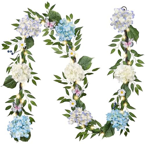 Valery Madelyn 9FT Spring Summer Flower Garland with Lights for Mantle,Blue White Hydrangeas Floral Garland with Eucalyptus Leaves Butterfly for Home Table Centrepiece Stairs Wedding Party Decorations