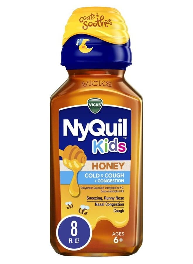 Kids NyQuil Honey Cold & Cough + Congestion Relief for Nighttime Sneezing, Runny Nose, Nasal Congestion & Cough, Flavored with Real Honey, for Children Ages 6+, 8 FL OZ