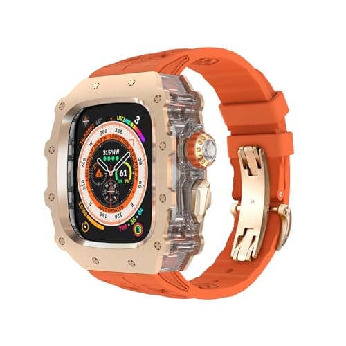 316L Stainless Steel Case for Apple Watch Ultra 32 1 49mm Fluoroelastomer Band Mens Luxury Bumper Cover iWatch Ultra 49MM ShockResistant Case Replacement FKM Strap 49mm Rose gold