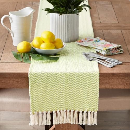 THE HOME TALK Premium Cotton Chevron 4-6 Seater Table Runner - 14x72 Inches - Green|Elegant Dining|Handcrafted Quality|Stylish Console Décor for Dining Table, Parties, Events