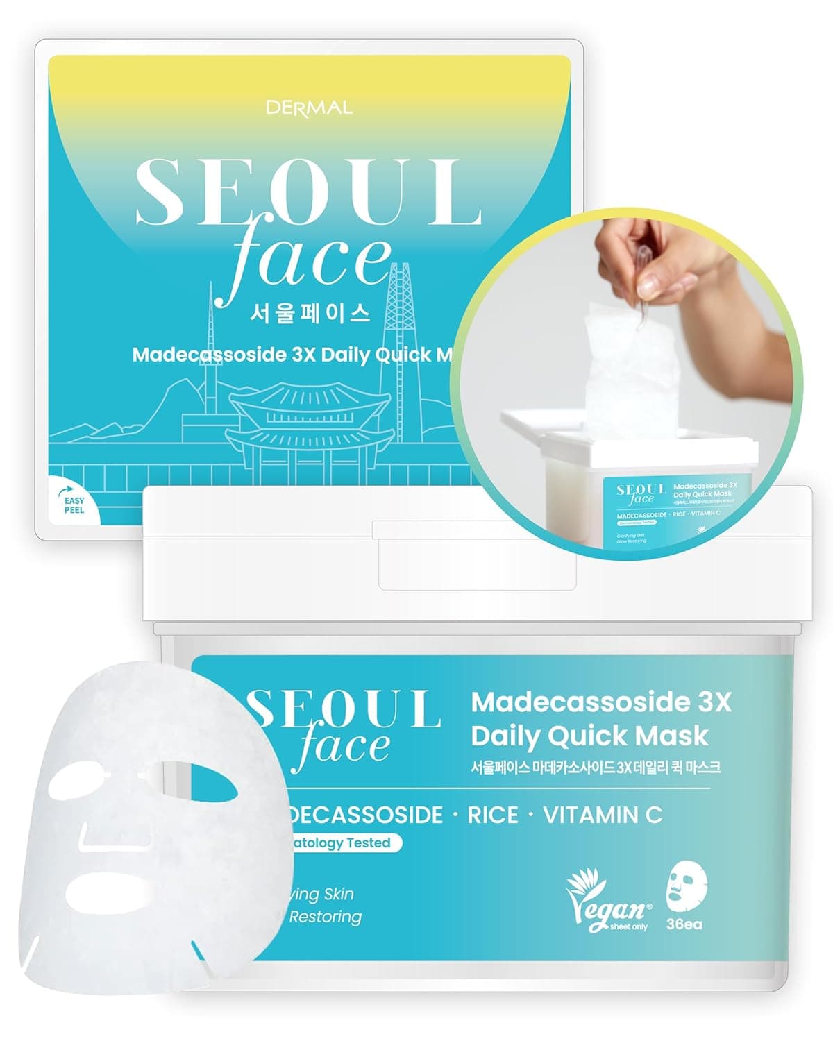 DERMAL Seoul Face Madecassoside 3X Daily Quick Mask 36 Sheet Korean Skincare Vegan Tencel Facial Masks Improving Dark Spots Soften Skin Mask Sheets with Rice Vitamin C Panthenol