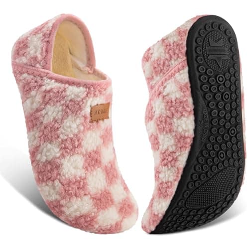 ATHMILE House Slippers for Women Men Indoor Barefoot Slippers Socks Furry Slip on House Shoes Cozy Comfy for Home Bedroom Travel Yoga Women 6575 Pink Checkered