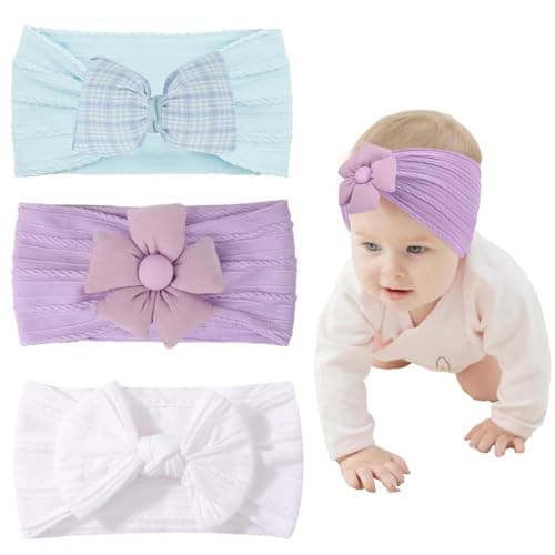 SNOWIE SOFT® 3Pcs Hair Bands for Baby Girls, 3-Color Nylon Turban Knotted Stretchy Cute Bow Flower Baby Girl Hair Bands,Super Soft and Stretchy Headbands for Girl - Accessories Hairband Set for Girls