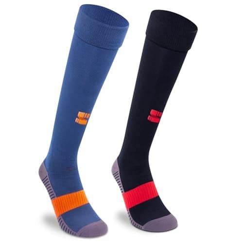 Supersox Unisex Kids Football Socks-Knee Length Socks Cushioned Sole, Odour Free & Superior Grip Unim Stockings Football/Soccer, Pack Of 2 (Navy & Black, Medium (6 Years To 9 Years), Cotton)