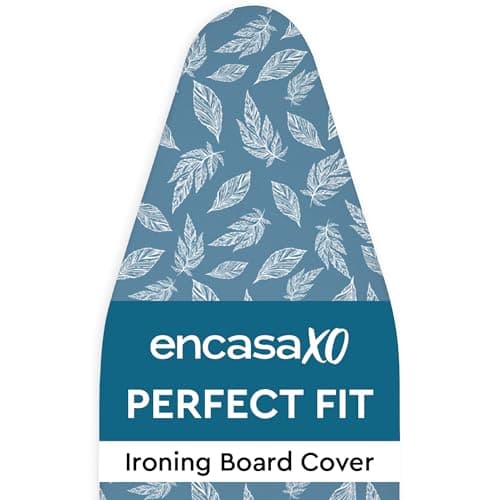 Encasa XO Ironing Board Cover with 3mm Thick Felt Pad for Steam Press (Fits Standard Medium Boards of 112x34 cm) Heat Reflective, Scorch & Stain Resistant, Printed - Big Leaves Blue