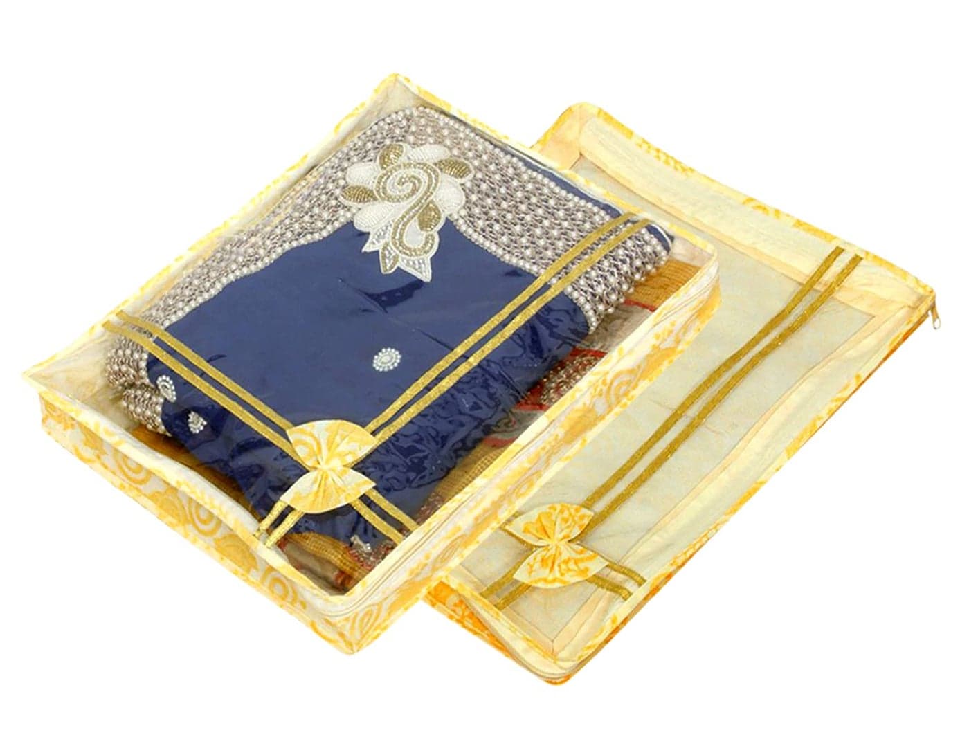 Kuber Industries Non-Woven Carry Design Transparent Non Woven Single Saree Cover|Zipper Closer & Gota Lining|Size 41 X 36 X 8 Cm|Pack Of 2 (Gold)-Hs_38_Kubmart21582