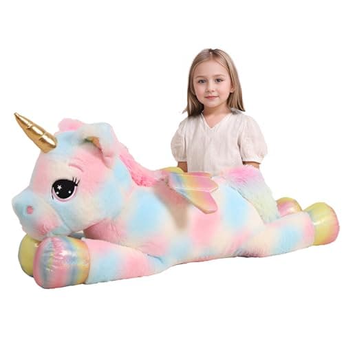 FFxiong 44 Inch Giant Color Unicorn Stuffed Animal Pillow Cute Soft Big Unicorn with Rainbow Wings Large Plush Toy Gifts for Girlfriend Girl Boy Kids Christmas Birthday Valentines