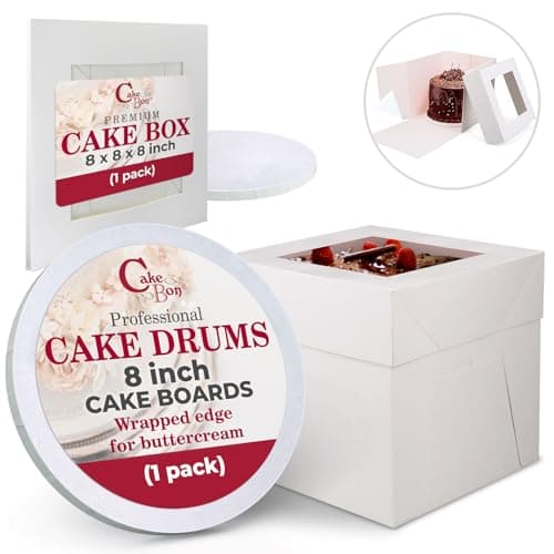 Cakebon Cake Boxes with Boards - 8 Inch Round Cake Drum White (1-pack) - Box With Window for Birthdays, Weddings and Parties