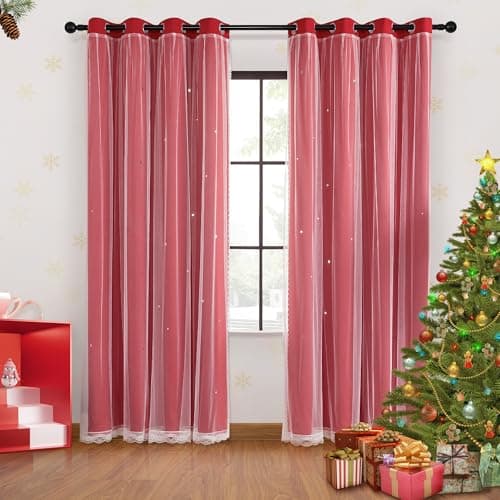 XiDi Red Curtains 63 Inches Long for Living Room Double Layer Curtains with Sheer Overlay for Girls Kids Bedroom Decor Ideal Princess Unicorn Theme Grommet Windows Drapes 2 Panels 34x63
