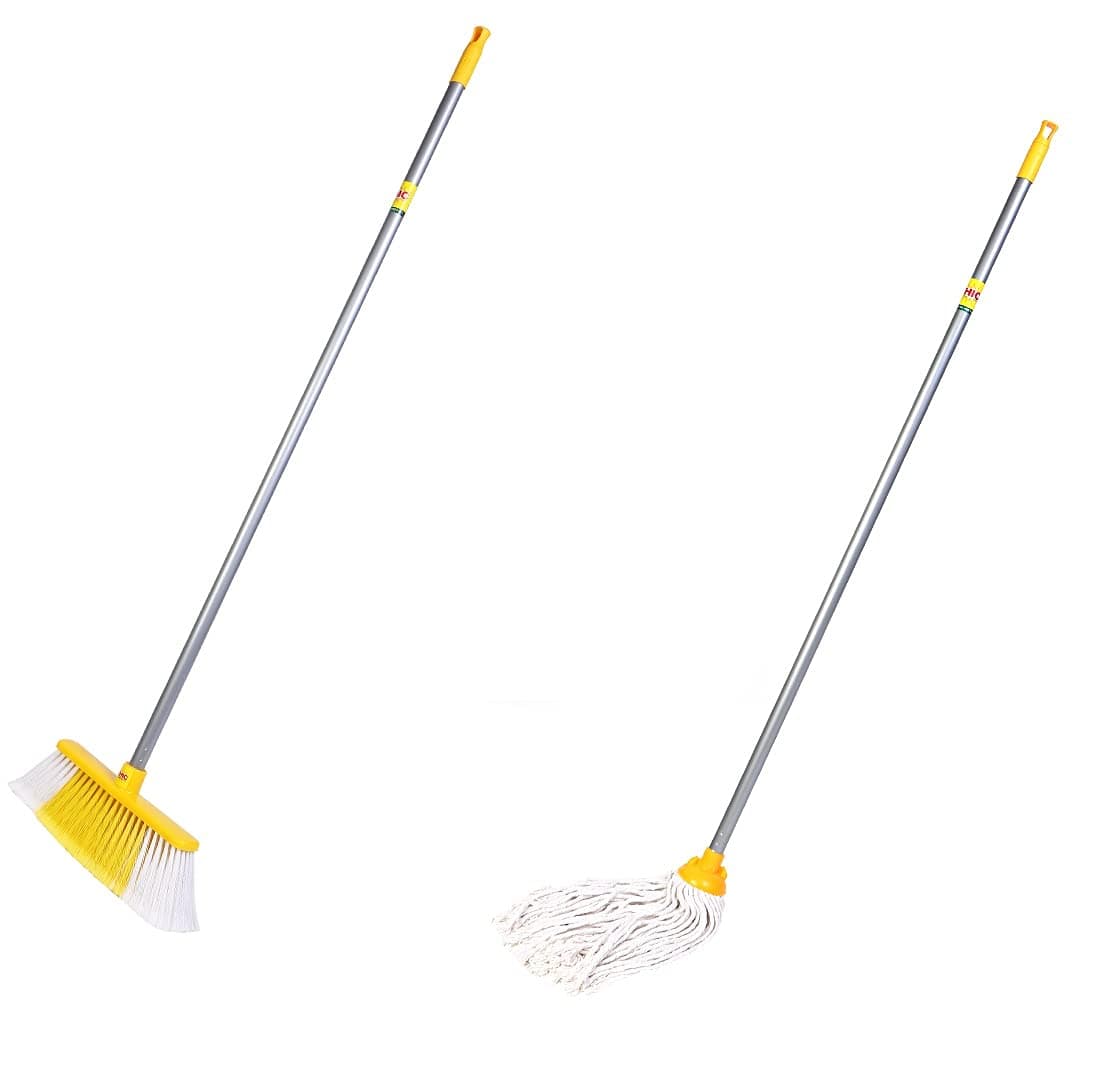 HIC Cleaning Floor BroomBrush with Long Rod with Deck Floor Cotton Mop Assorted Colour YI728 with YI629 Combo