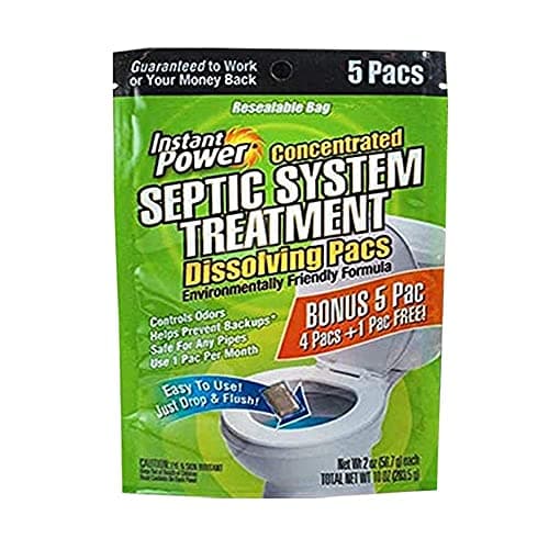 Instant Power Septic System Treatment Dissolving Pacs - Septic Tank Treatment Packets, Drain Cleaner Liquid Clog Remover for Septic System, Drain Defense for RVs - Includes 5 Pacs