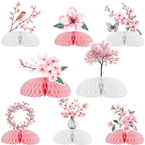 Fangleland 8Pcs Cherry Blossom Honeycomb Centerpieces for Girls Japanese Cherry Blossom Themed Party Decorations for Birthday Baby Shower Gender Reveal Wedding Bridal Shower Party Decor