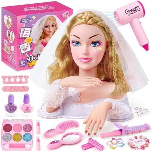 Toylink Doll Head for Hair Styling Kids Makeup Set Blonde Bride Beauty Stylist Pretend Play Toy With Bridal Veil Hairdryer Curling Iron Hair Salon Toy Birthday Gift For Girl 3 4 5 6 7 8 Years Old