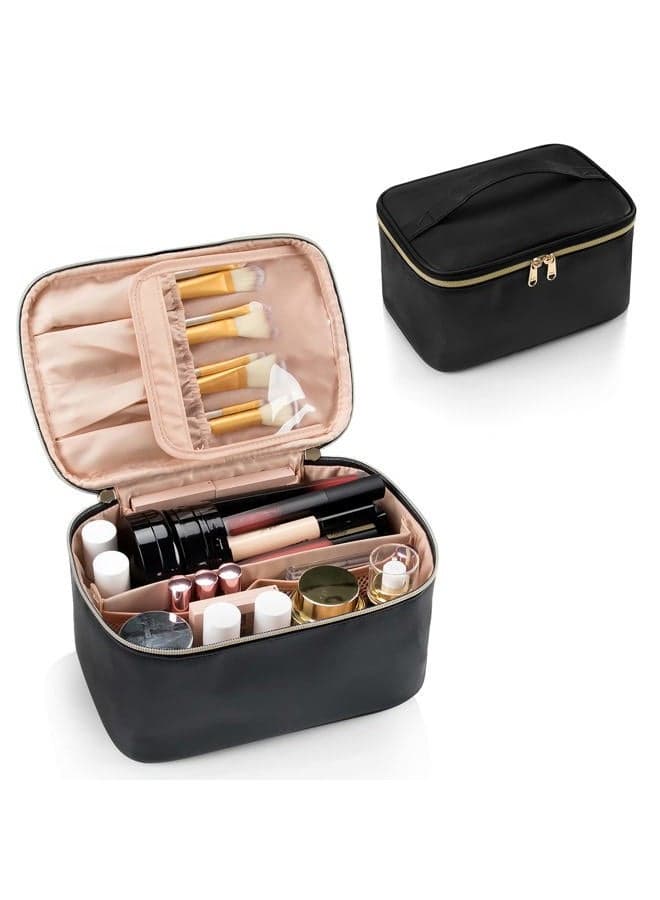 Makeup Bag, Portable Cosmetic Bag, Large Capacity Travel Makeup Case Organizer, Black For Women Toiletry Bag for Girls Traveling With Handle and Divider
