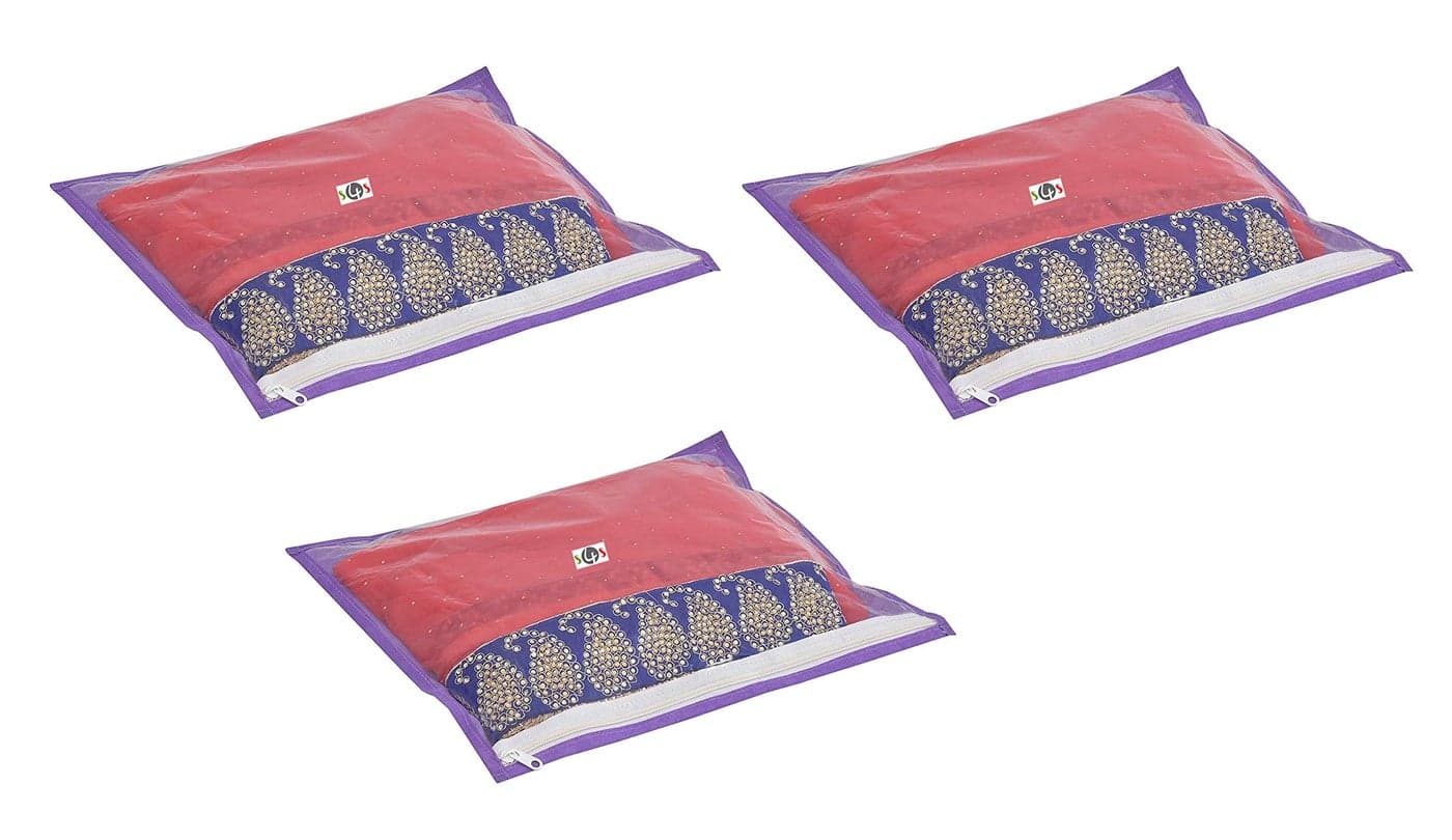 S4S® 3 Piece Non Woven Fabric Single Packing Saree Cover with Zip, Cloth Cover for Storage (PURPLE)