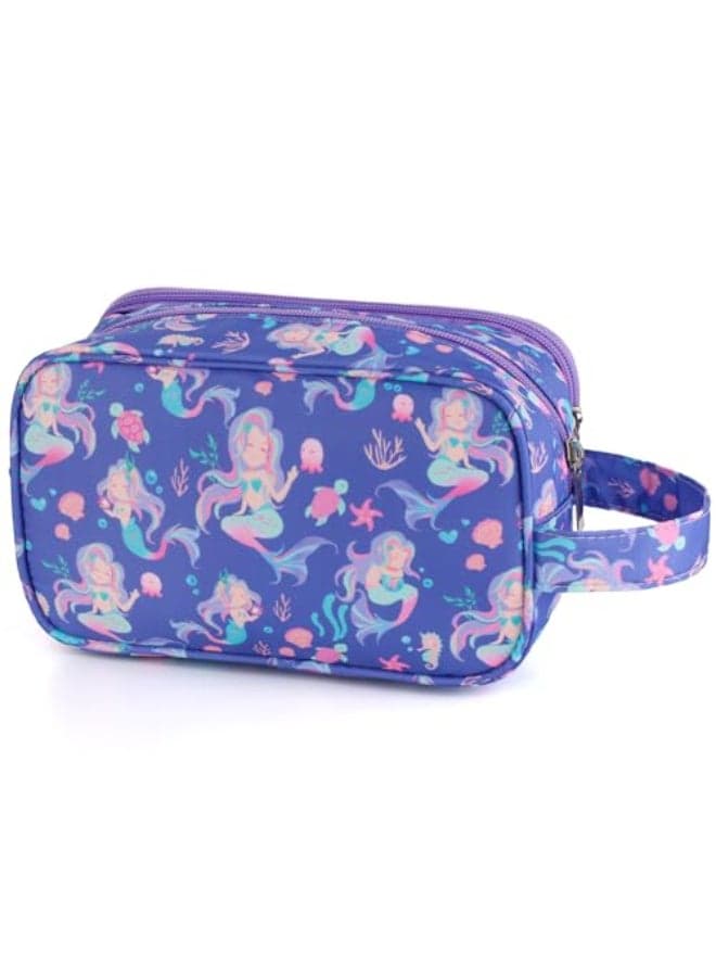 Foxstory Mermaid Kids Toiletry Bag for Girls Travel Toiletry Bag for Little Young Girls Cosmetic Bag Makeup Bag Waterproof Hanging Wash Bag Toddler Toiletries Purple