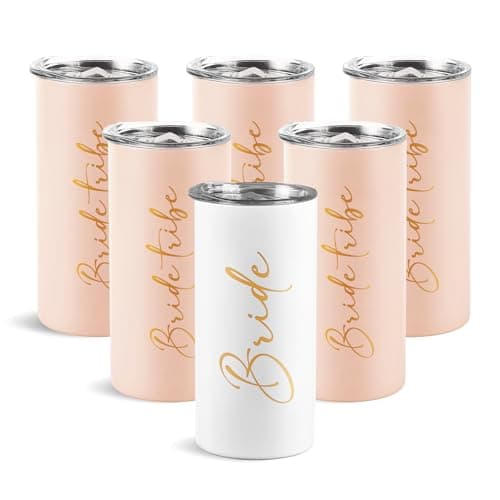 Ugiftcorner Bride Tribe Gifts Set of 6 Cups Bachelorette Party Favors Wedding Gifts for Bridesmaid Bride Stainless Steel Skinny Tumbler with Lid and Straw 15 OZ Pink