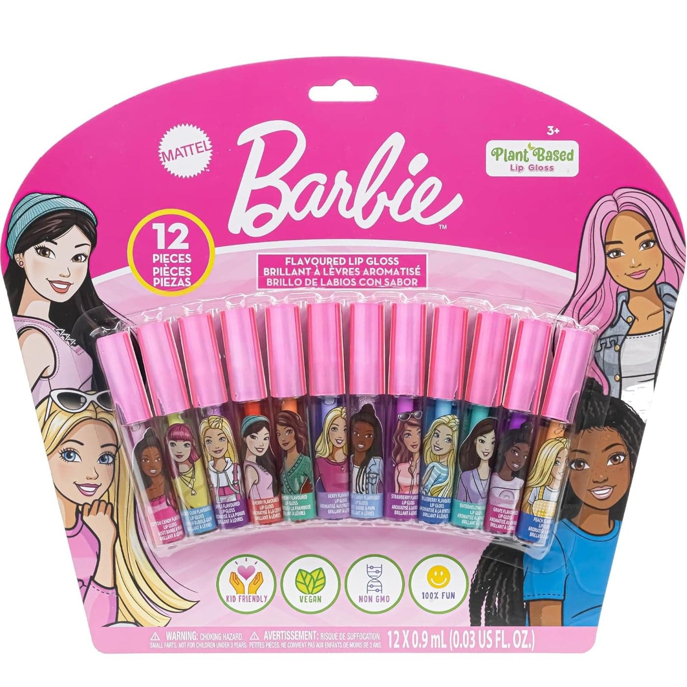Barbie 12 Piece Plant Based Lip Gloss Girls Party Favors First Makeup Set for Girl Perfect for Parties Sleepovers and Birthday Gifts Ages 3 by Townley Girl