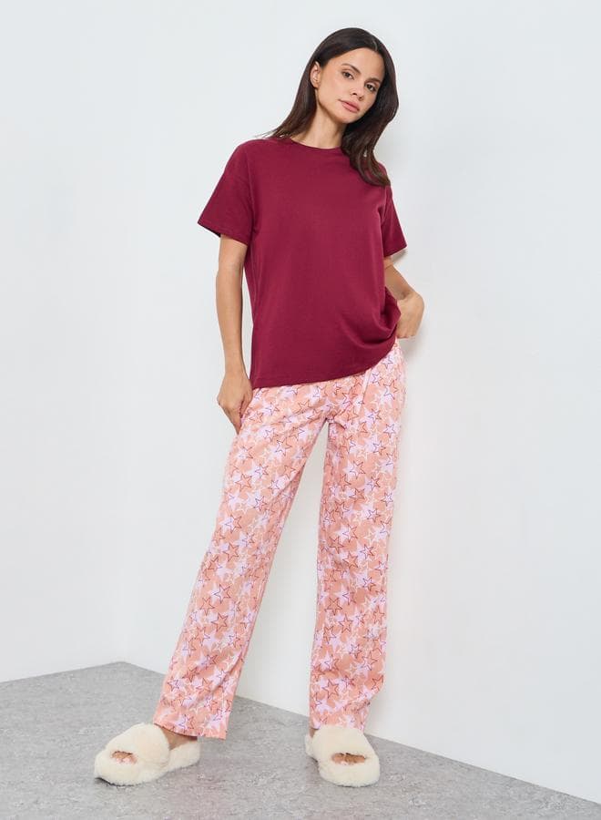 Solid Cotton T-Shirt and Star Print Pyjama Set