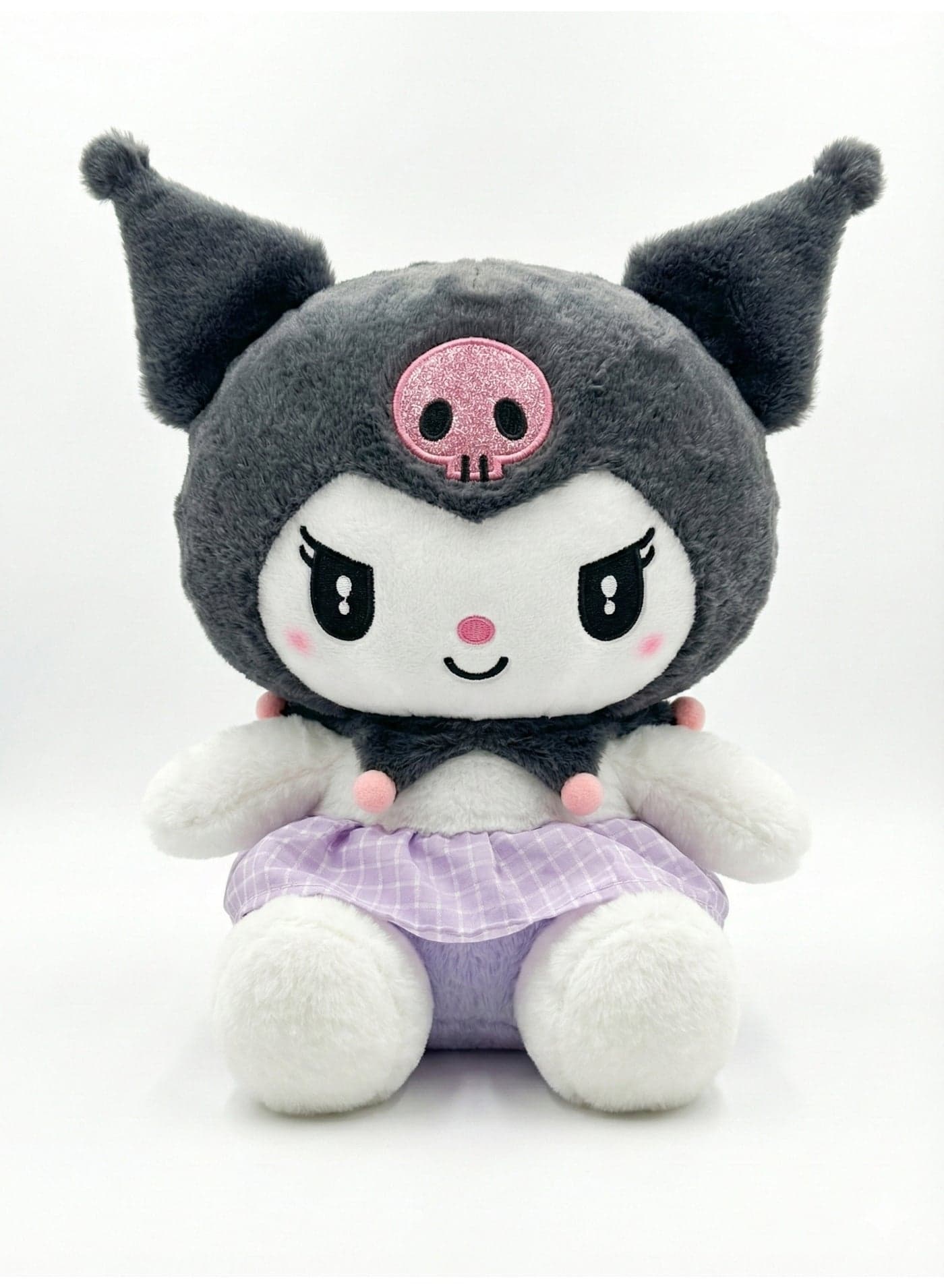Sanrio Kuromi Plush Toy 29cm – Cute Black & White Stuffed Animal Doll with Purple Gingham Skirt & Pink Skull | Fluffy Anime Character Pillow | Kawaii Room Decor & Birthday Gift for Girls 3+