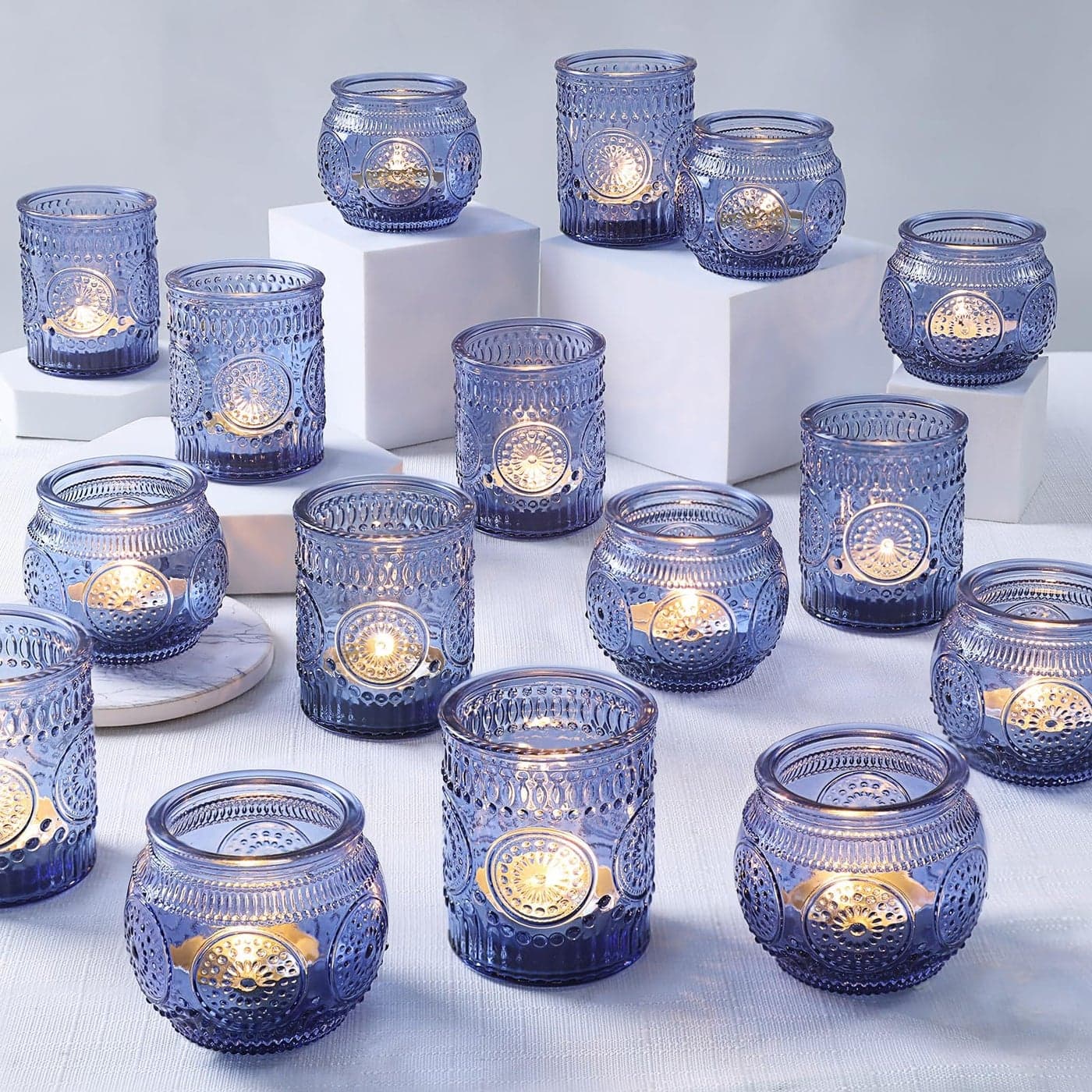 36 Pcs Blue Candle Holders Bulk Blue Votive Candle Holders for Wedding Centerpieces Assorted Glass Tea Lights Holders for BabyBridal Shower Thanksgiving Fall Christmas Table Centerpieces Decor