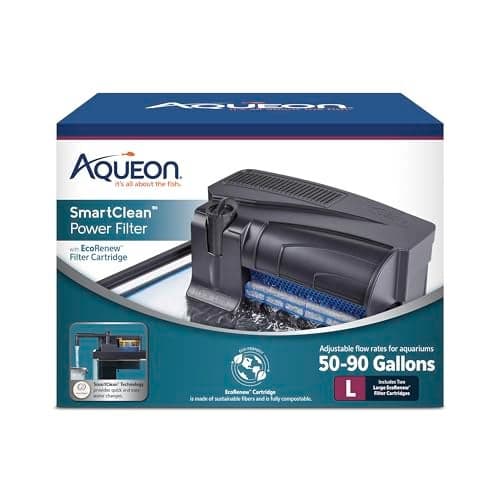 Aqueon SmartClean Power Filter with EcoRenew Filter Cartridge, Quick and Easy Water Changes, Quiet Operation, Adjustable Flow, for 50-90 Gallon Freshwater and Saltwater Aquariums, Large