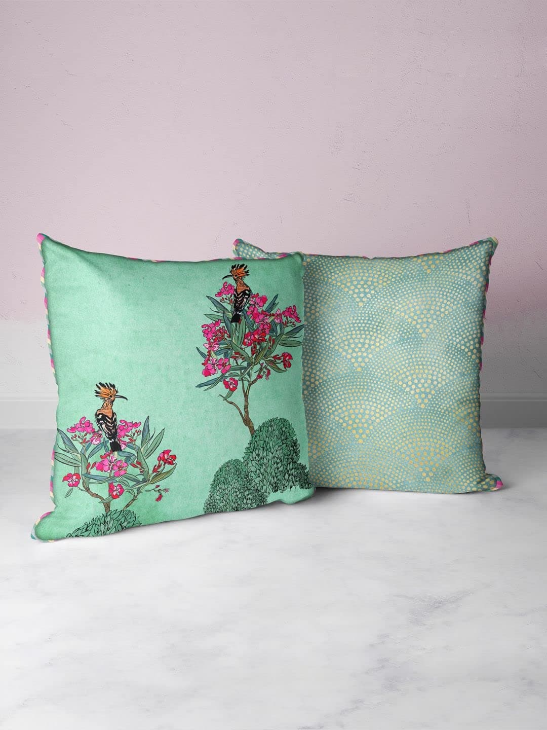 BIANCA Designer Reversible Printed Silk Linen Cushion Covers -2pc 16 X16 Set (Suzane) | with Contrast Front & Back Digital Print | - Hidden Zipper Floral-Ornamental-Mint/Teal