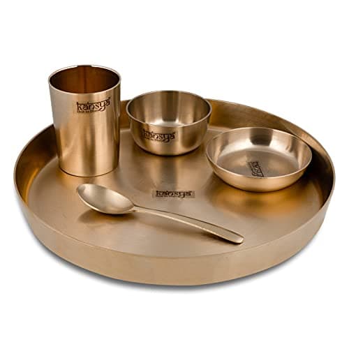 KANSYA 78:22 Ratio Pure Bronze Dinner Set of 5-11" Thali, Elegant, Durable, Traditional Bronze Dinnerware Set Gold Improve Taste, Digestive System & Health