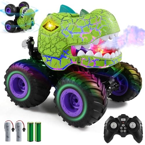 DYODYORC Remote Control Car 24Ghz All Terrain Dinosaur Monster Truck Toys RC Truck with Spay Music 3 Lighting Effects Stunt Capable Toy Gifts for Boys and Girls Green Purple