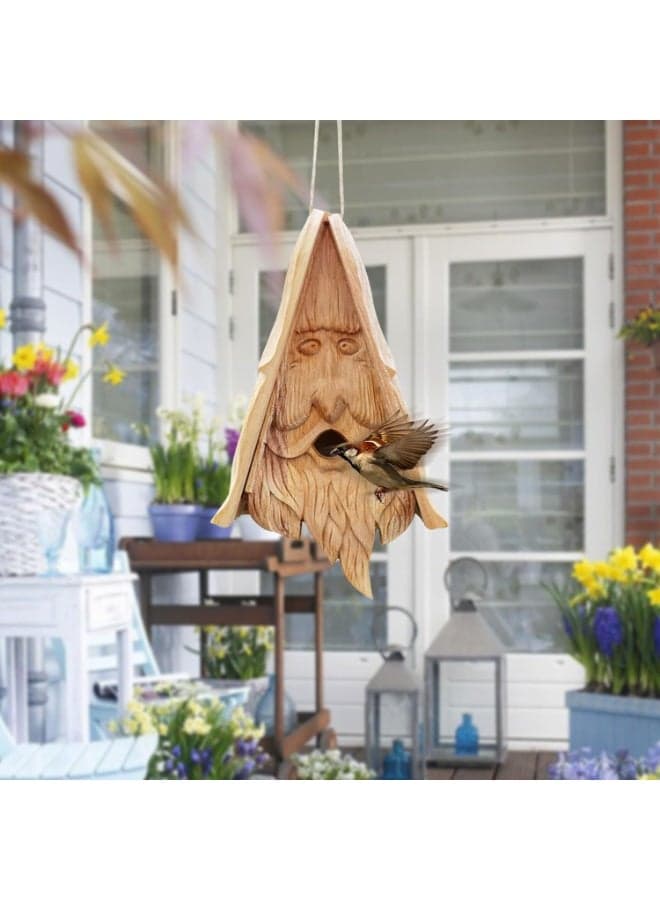Hand-Carved Happy Spirit Bird House, Creative Wooden Hanging Birdcage, Perfect for Home Garden Decoration