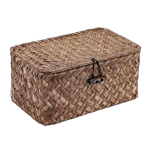 GUSHBIN Handwoven Seagrass Basket Wicker Shelf Basket with Lid Rectangular Multipurpose Desktop Organizer Bin for Key Remote Control, Small,7.0" x 4.3" x 3.3"