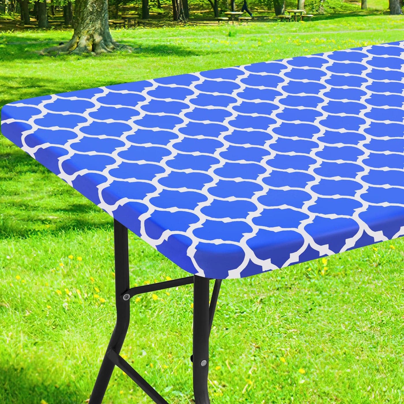 Smiry Rectangle Picnic Table Cover Waterproof Elastic Fitted Camping Tablecloths for 6 Foot Tables Wipeable Flannel Backed Vinyl Tablecloth Protector for Indoor Outdoor Blue 30x72 Inches