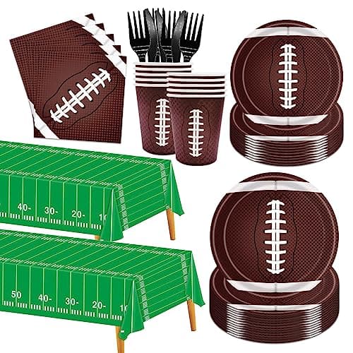 Poqirzan 146PCS Football Party Tableware Set Football Plates and Napkins Party Supplies Football Birthday Party Decorations Superbowl Party Supplies Football Tablecloth Plates Napkins Set Serve 24