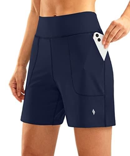 SANTINY Women's 6'' Athletic Long Shorts with 4 Pockets High Waisted Bermuda Shorts for Women Walking Running Casual (Navy_XL)