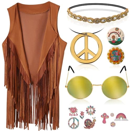 PARTTELY 60s 70s Outfits for Women Hippie Costume Clothes Set 70s Costume Tops Women Fringe Hippie Vest for Halloween