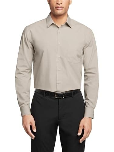 Van Heusen Men's Dress Shirt Regular Fit Poplin Solid, Stone, 18" Neck 34"-35" Sleeve