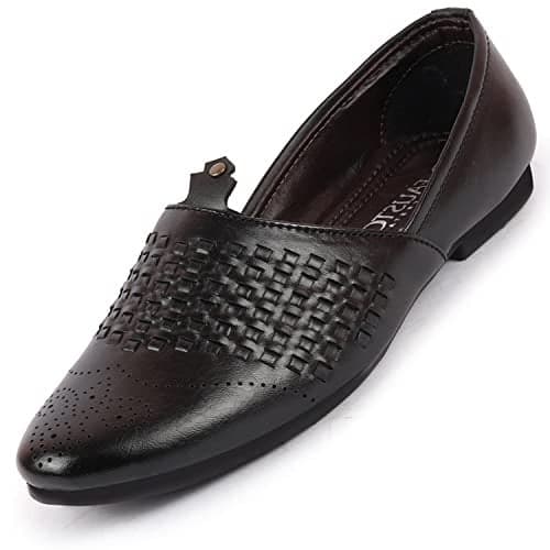 FAUSTO FST FOSME-2039 BLACK-44 Men's Black Laser Cut Knitted Ethnic Wedding Broad Feet Slip On Juttis and Mojaris (10 UK)