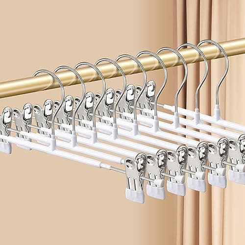 HWAJAN Pants Hangers with Clips 10 Pack Adjustable Skirt Hangers for Women NonSlip Trousers Hanger for Jeans Clothes Hangers for Pants Heavy Duty Space Saving Shorts HangersWhite12Inch