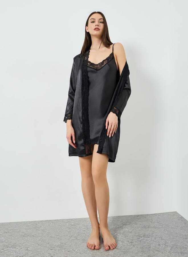 Pack of 2 - Satin V Neck Lace Detail Slip Dress and Robe Set