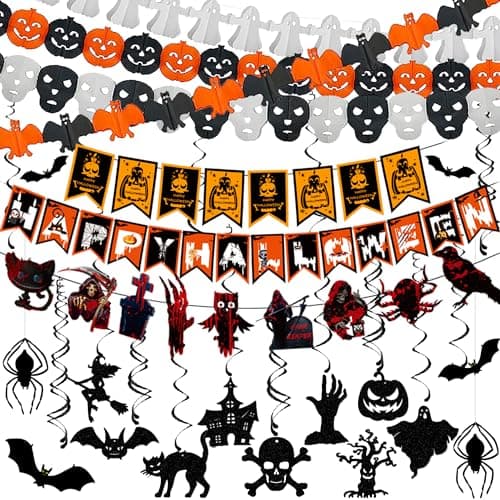 Halloween Decor Indoor Hanging Swirl Ceiling Wall Party Decor with Bats Spiders Pumpkins Skulls Ghosts Banner Halloween Decorations Indoor Outdoor Supplies