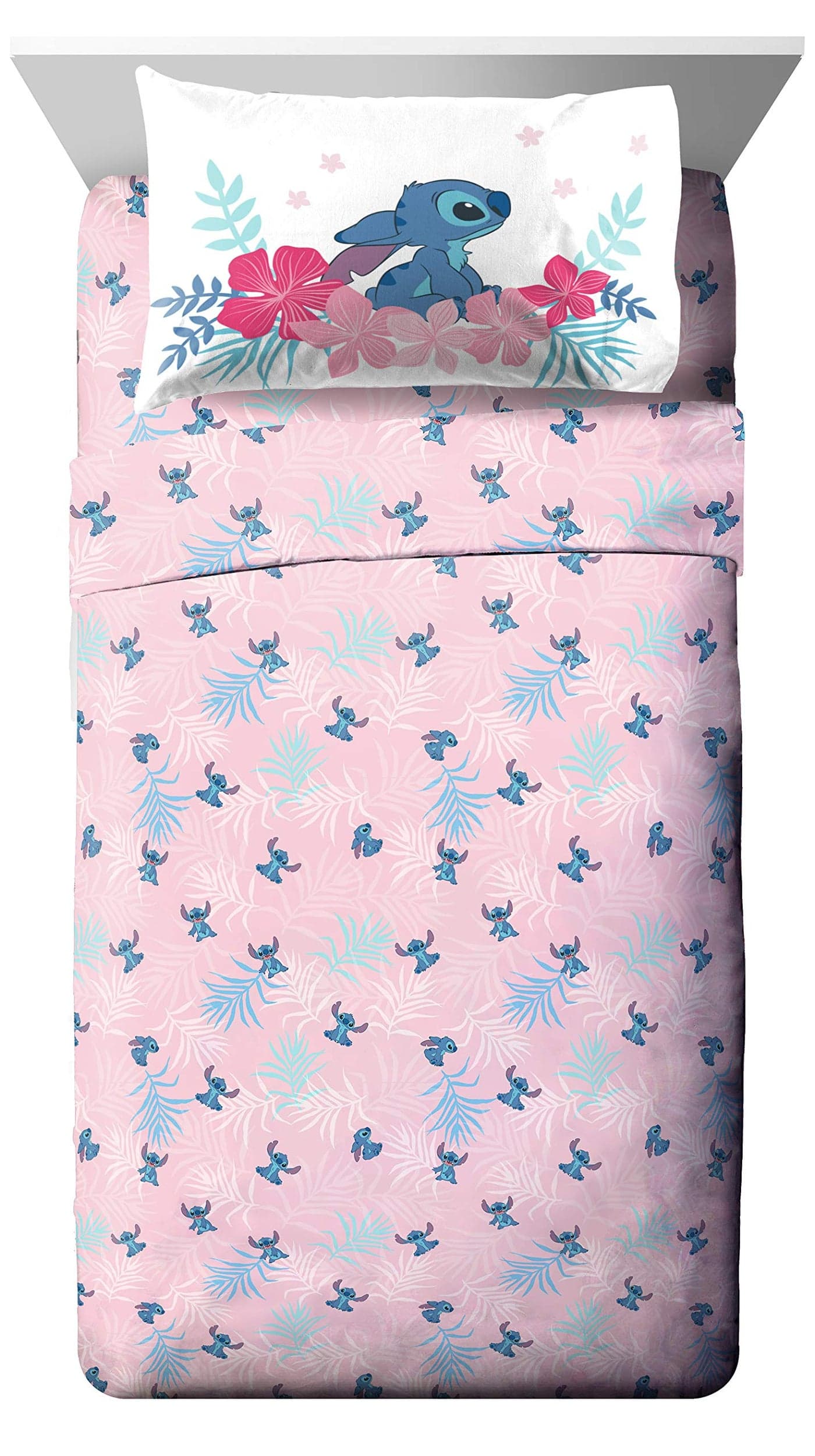 Jay Franco Kids Sheet Set with Fitted, Flat Sheets & Pillow Cover - Ultra-Soft Bedding with Pillowcase for Room Decor, Pink - Lilo & Stitch, 4 Piece Queen