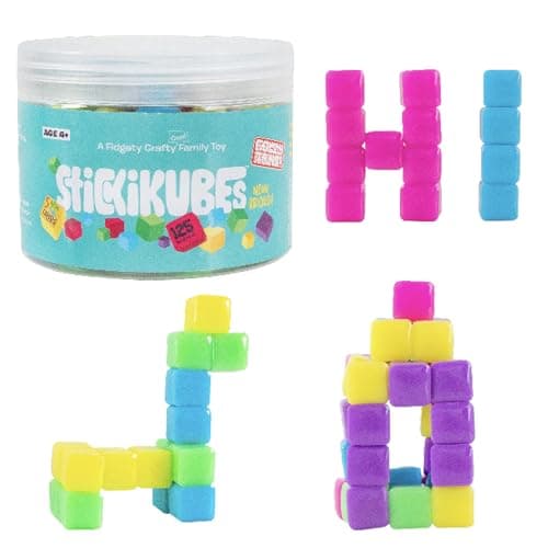 KOMARC GAMES StickiKubes Mini Stacking Cubes that Stick to Anything Non Toxic Kid Safe Sticky Blocks Creative Construction Toy 125 Cubes 5 Neon Colors Tub